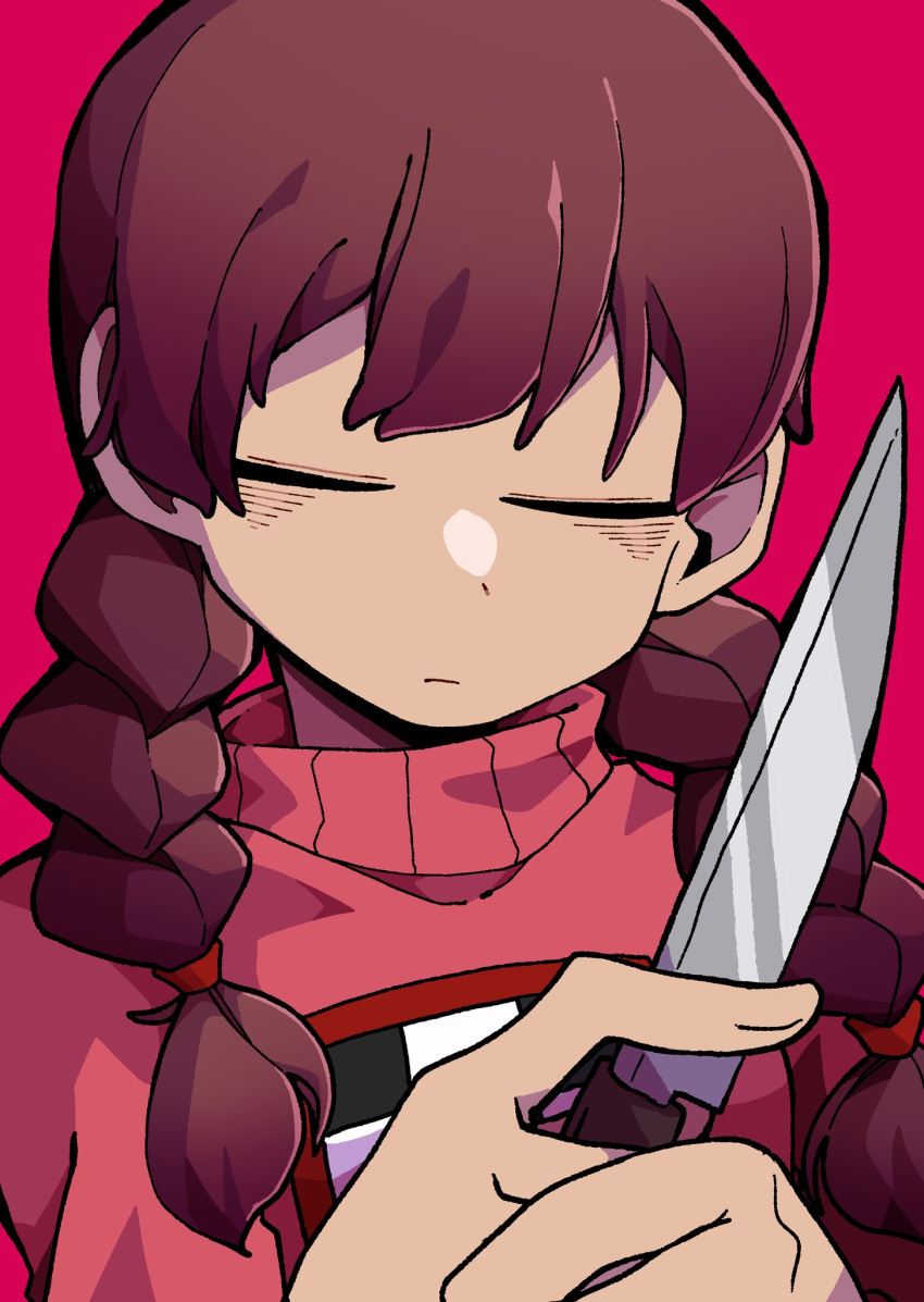 1girl, bangs, braid, brown_hair, checkered, closed_eyes, closed_mouth, commentary_request