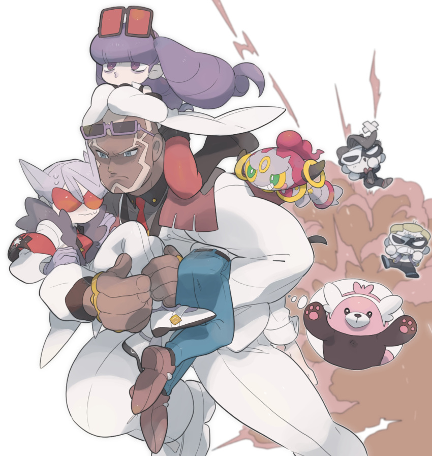 1girl, 5boys, belt, bewear, brown_footwear, carrying, cheren_(pokemon), closed_mouth, collector_(pokemon), commentary_request, dark_skin, dark_skinned_male, fingernails, floating_hair, frown, gen_6_pokemon, gen_7_pokemon, gloves, grey_eyes, grey_shirt, highres, hoopa, hoopa_(confined), jacket, jewelry, lear_(pokemon), mimura_(nnnnnnnnmoo), multiple_boys, mythical_pokemon, o3o, pants, pokemon, pokemon_(creature), pokemon_(game), pokemon_bw2, pokemon_masters_ex, purple-framed_eyewear, purple_gloves, purple_hair, rachel_(pokemon), red_neckwear, ring, sawyer_(pokemon), shirt, shoes, sleeves_rolled_up, street_thug_(pokemon), sunglasses, team_break, thought_bubble, violet_eyes, white_background, white_footwear, white_jacket, white_pants, white_shirt