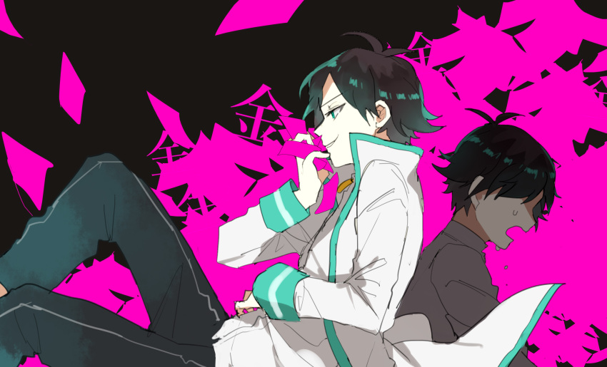 1boy, ahoge, aqua_hair, black_background, black_hair, black_pants, commentary_request, crying