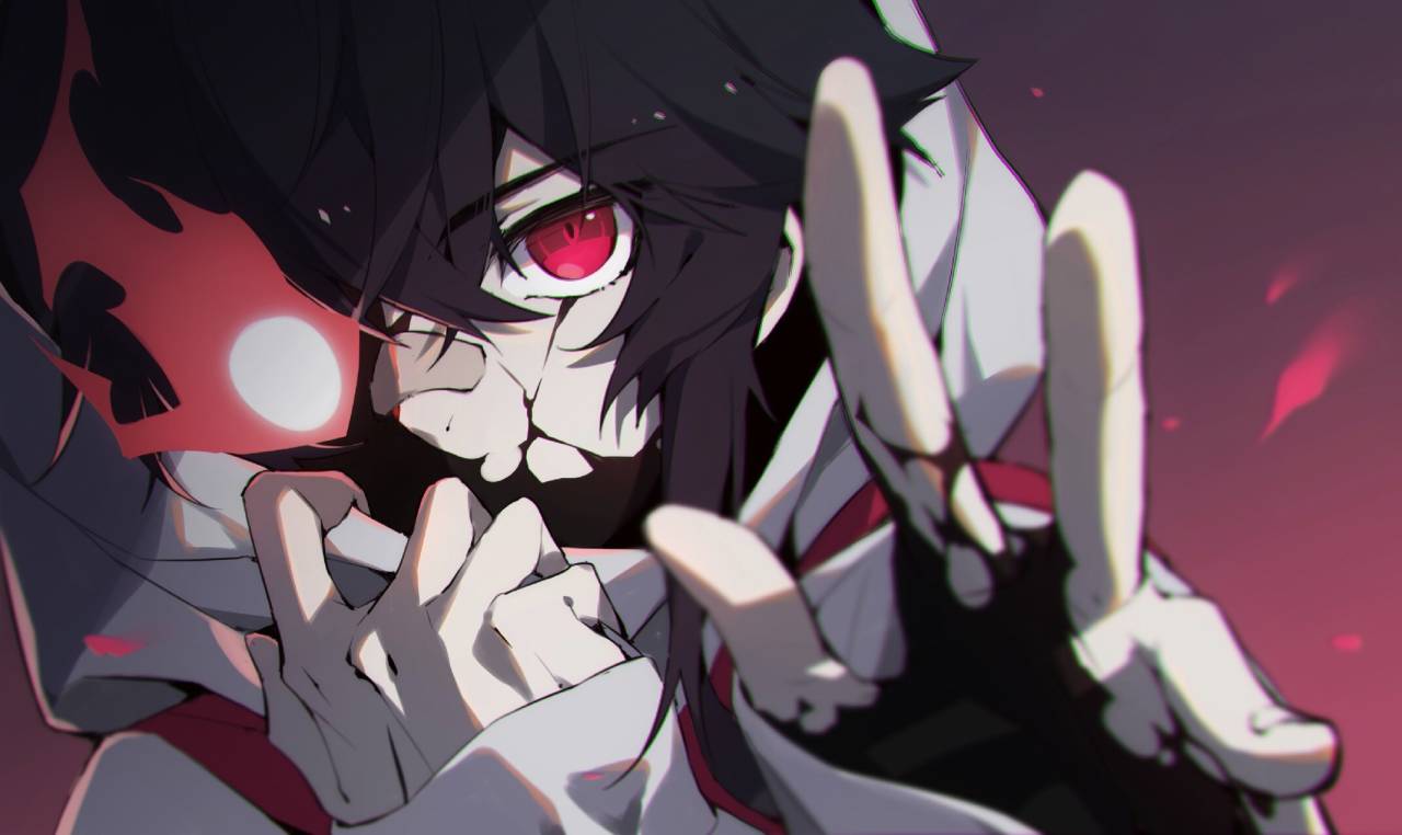 1025777, 1girl, bandaid, bandaid_on_nose, black_hair, eve_(niconico), eyebrows_visible_through_hair, fingernails
