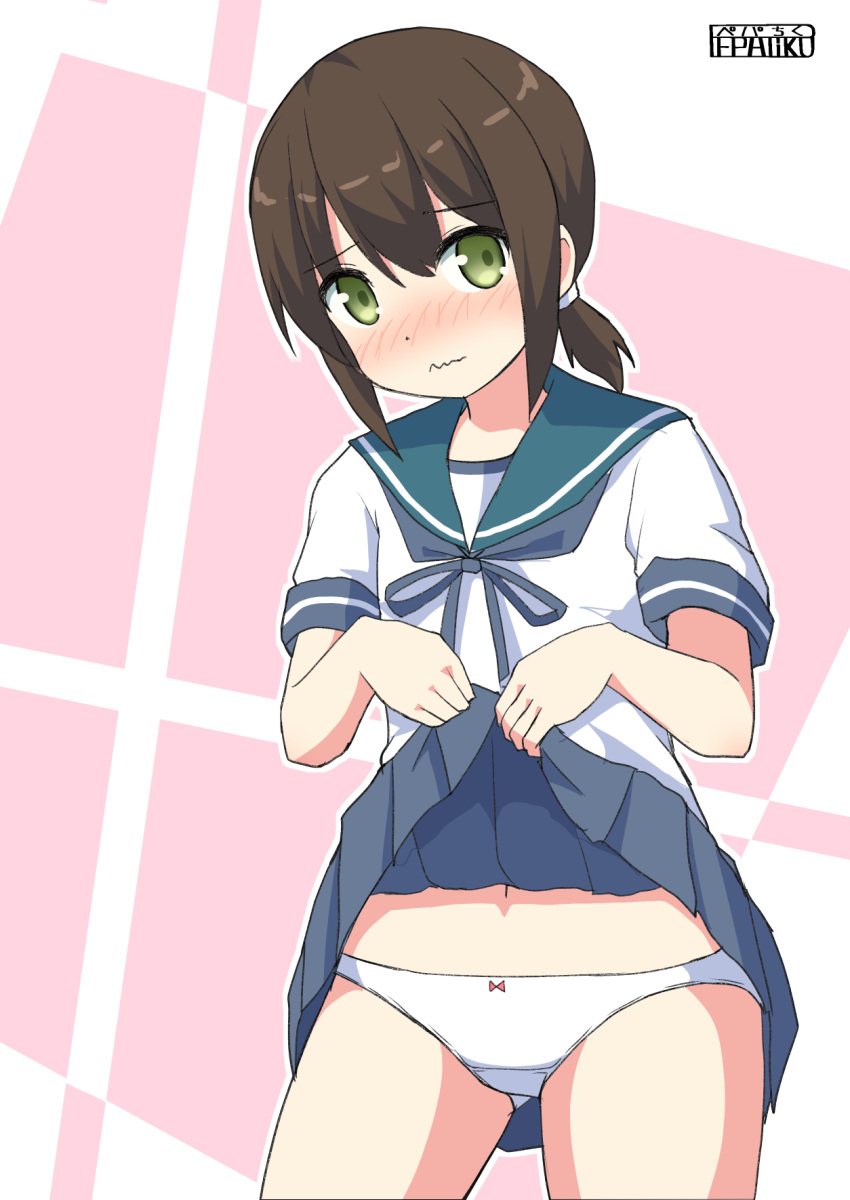1girl, artist_name, ass_visible_through_thighs, bangs, blouse, blue_neckwear, blue_sailor_collar, blue_skirt, blush, bow, bow_panties, brown_hair, closed_mouth, cowboy_shot, crotch_seam, eyebrows_visible_through_hair, frown, fubuki_(kantai_collection), green_eyes, hair_tie, highres, kantai_collection, lifted_by_self, looking_at_viewer, medium_hair, miniskirt, navel, neckerchief, outline, panties, pepatiku, pleated_skirt, sailor_collar, school_uniform, serafuku, short_ponytail, short_sleeves, signature, skirt, skirt_lift, solo, standing, underwear, wavy_mouth, white_blouse, white_outline, white_panties