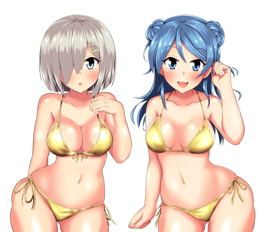 2girls, bikini, blue_eyes, blue_hair, breasts, double_bun, gold_bikini, gold_swimsuit