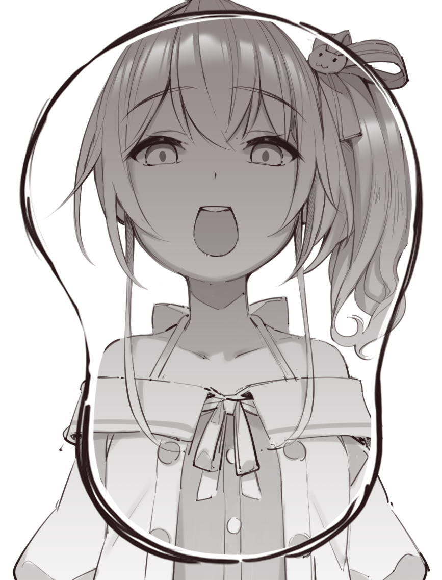 1girl, bangs, cat_hair_ornament, collarbone, eyebrows_visible_through_hair, flat_chest, greyscale, hair_ornament