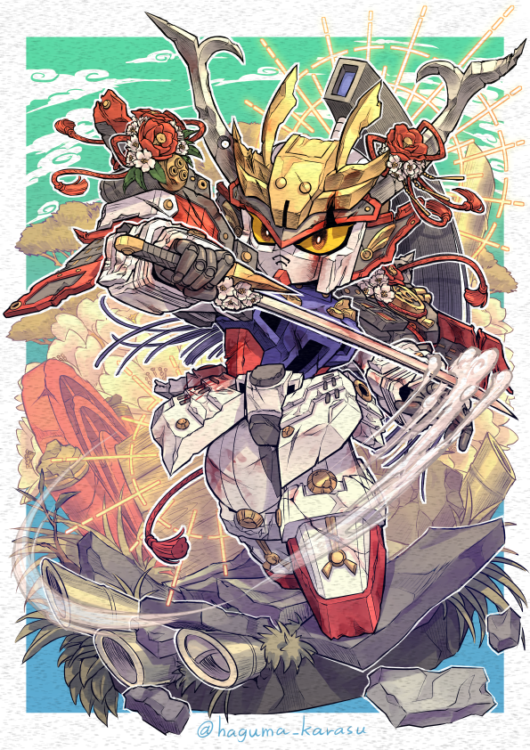 1girl, artist_name, flower, gundam, haguma_karasu, holding, holding_sword, holding_weapon