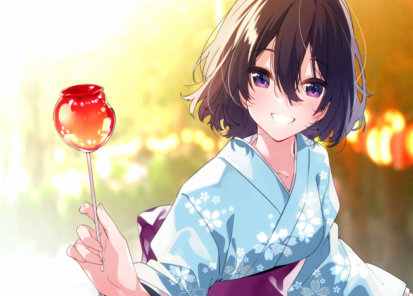 1girl, bangs, black_hair, blue_kimono, blurry, blurry_background, blush, candy_apple