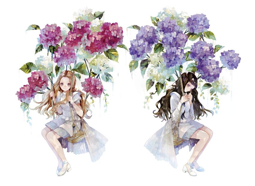 2girls, brown_hair, dress, flower, high_heels, highres, hydrangea, light_brown_hair