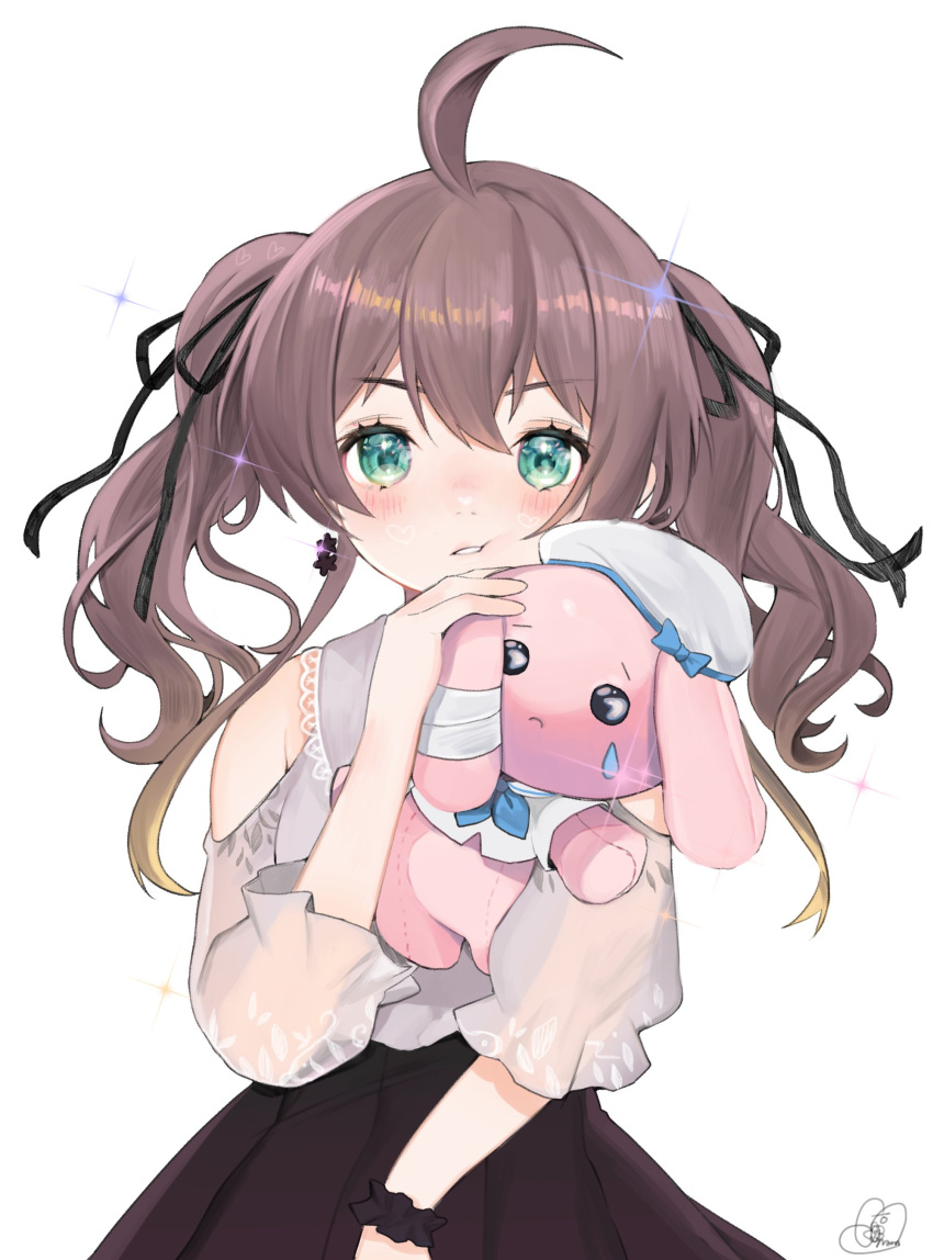 1girl, absurdres, ahoge, bangs, black_skirt, brown_hair, eyebrows, green_eyes, highres, holding, holding_stuffed_toy, hololive, light_blush, looking_at_viewer, najjo, natsuiro_matsuri, official_alternate_costume, skirt, solo, stuffed_animal, stuffed_toy, teardrop, twintails, v-shaped_eyebrows, virtual_youtuber, white_background, wrist_bow