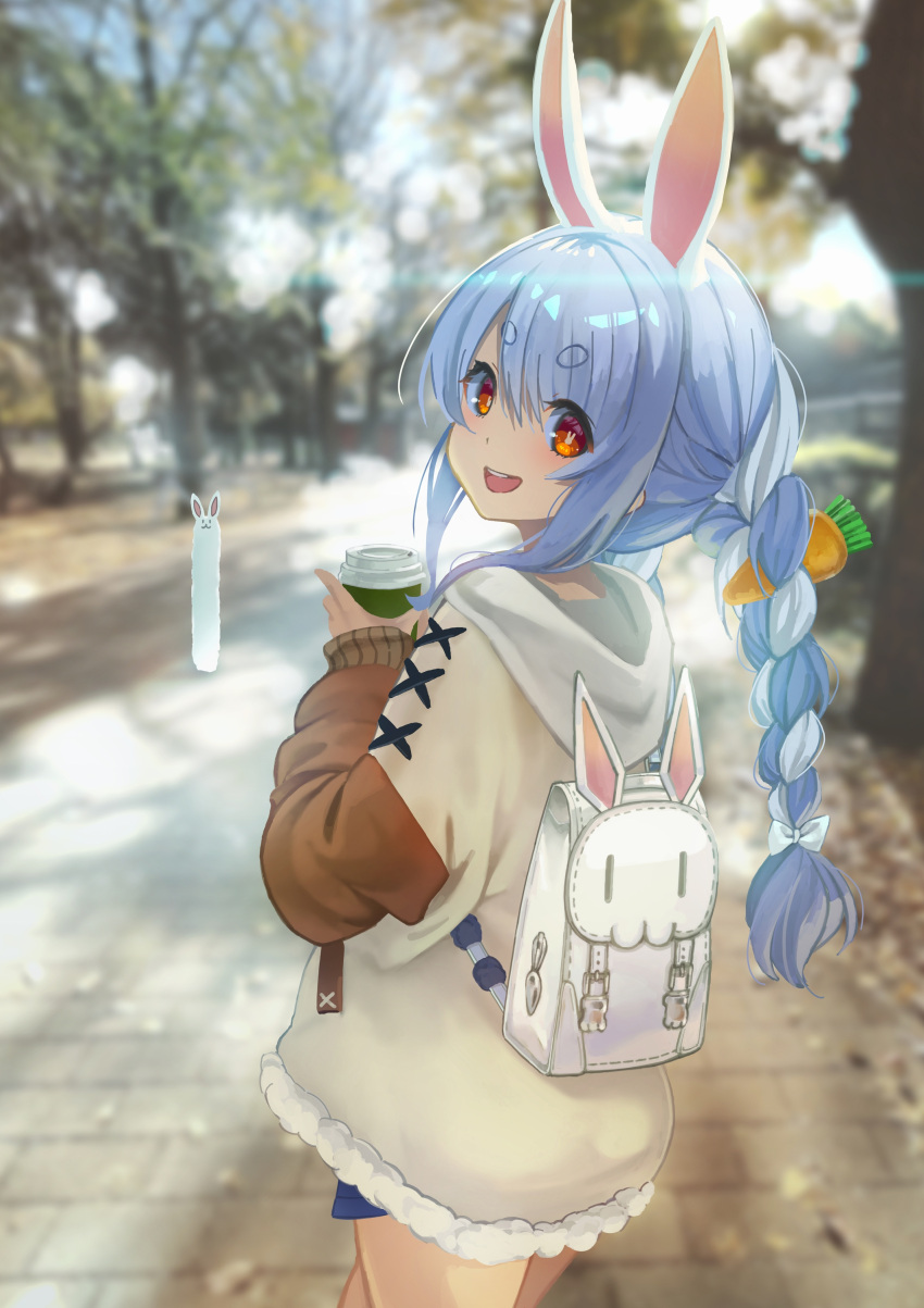 1girl, absurdres, alternate_costume, animal_ears, backpack, bag, blurry, blurry_background