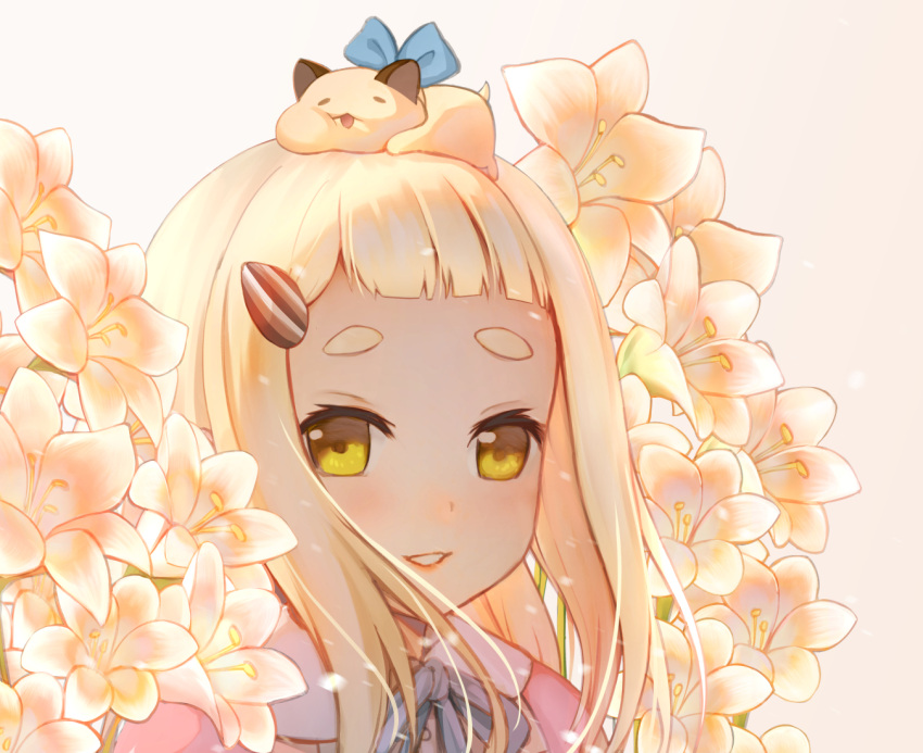 1girl, animal_on_head, blue_ribbon, blush, brown_background, brown_flower, collared_shirt, commentary_request