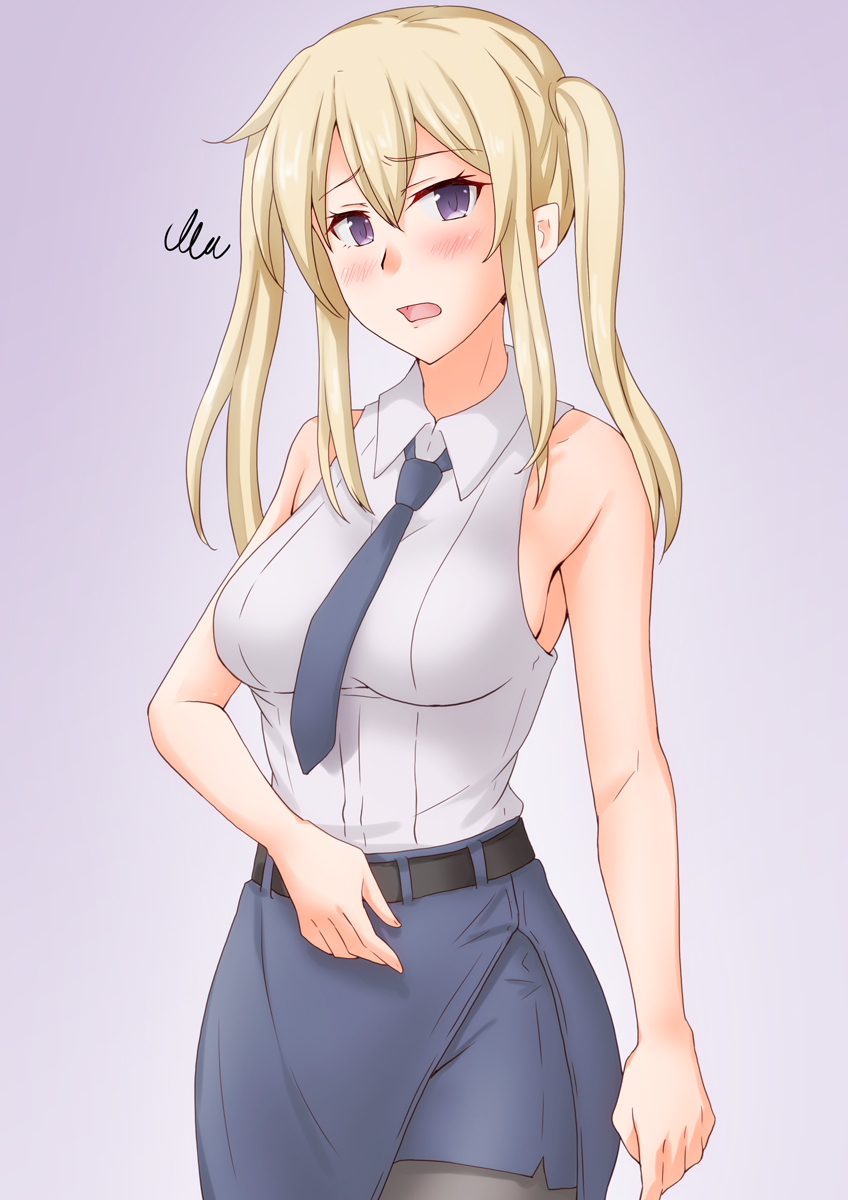 1girl, :o, anti_(untea9), bare_shoulders, belt, black_belt, black_legwear, black_neckwear, black_skirt, blonde_hair, blush, breasts, cosplay, cowboy_shot, dress_shirt, eyebrows_visible_through_hair, gradient, gradient_background, graf_zeppelin_(kantai_collection), hair_between_eyes, highres, hornet_(kantai_collection), hornet_(kantai_collection)_(cosplay), kantai_collection, large_breasts, long_hair, looking_at_viewer, necktie, pantyhose, pencil_skirt, purple_background, shirt, sidelocks, simple_background, skirt, sleeveless, sleeveless_shirt, solo, twintails, violet_eyes, white_shirt