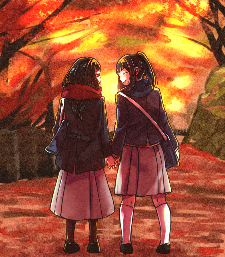 2girls, autumn, autumn_leaves, bag, black_hair, character_request, closed_eyes, enpera