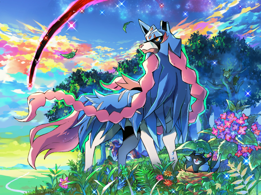 bird, closed_mouth, clouds, commentary, day, flower, gen_8_pokemon, grass