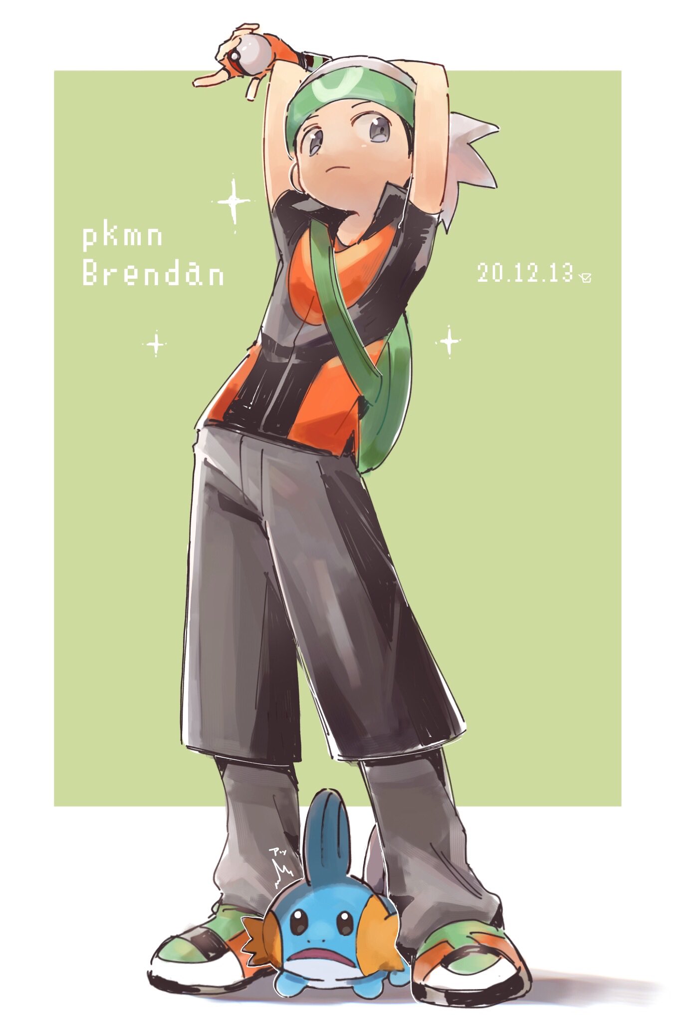 /\/\/\, 1boy, backpack, bag, beanie, black_hair, brendan_(pokemon), character_name, closed_mouth, commentary_request, dated, fingerless_gloves, gen_3_pokemon, gloves, green_bag, grey_eyes, grey_headwear, grey_pants, hat, highres, holding, holding_poke_ball, looking_to_the_side, male_focus, mudkip, orange_gloves, pants, petoke, poke_ball, poke_ball_(basic), pokemon, pokemon_(creature), pokemon_(game), pokemon_emerald, pokemon_rse, shirt, shoes, short_sleeves, sparkle, standing, starter_pokemon, two-tone_background