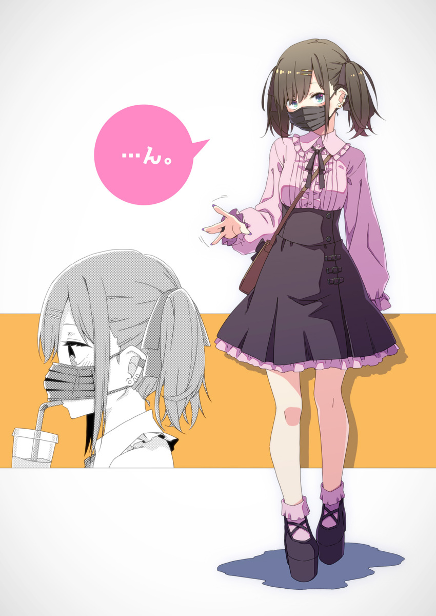 akakage_red, bendy_straw, black_footwear, black_hair, black_skirt, blue_eyes, blush, bobby_socks, breasts, center_frills, collared_shirt, commentary_request, cup, disposable_cup, drinking, drinking_straw, frilled_shirt_collar, frilled_skirt, frills, hair_ornament, hairclip, highres, long_sleeves, looking_at_viewer, mask, mouth_mask, multiple_views, nail_polish, original, pink_legwear, pink_shirt, platform_footwear, pleated_skirt, puffy_long_sleeves, puffy_sleeves, shadow, shirt, shoes, skirt, sleeves_past_wrists, small_breasts, socks, standing, translation_request, twintails