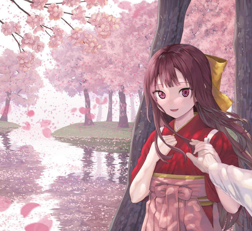 1boy, 1girl, :d, absurdres, admiral_(kantai_collection), cherry_blossoms, hair_ribbon, hakama, highres, huge_filesize, japanese_clothes, kamikaze_(kantai_collection), kantai_collection, kimono, kokefukurou, long_hair, looking_at_viewer, meiji_schoolgirl_uniform, open_mouth, pink_hakama, purple_hair, red_kimono, ribbon, smile, solo_focus, violet_eyes, yellow_ribbon