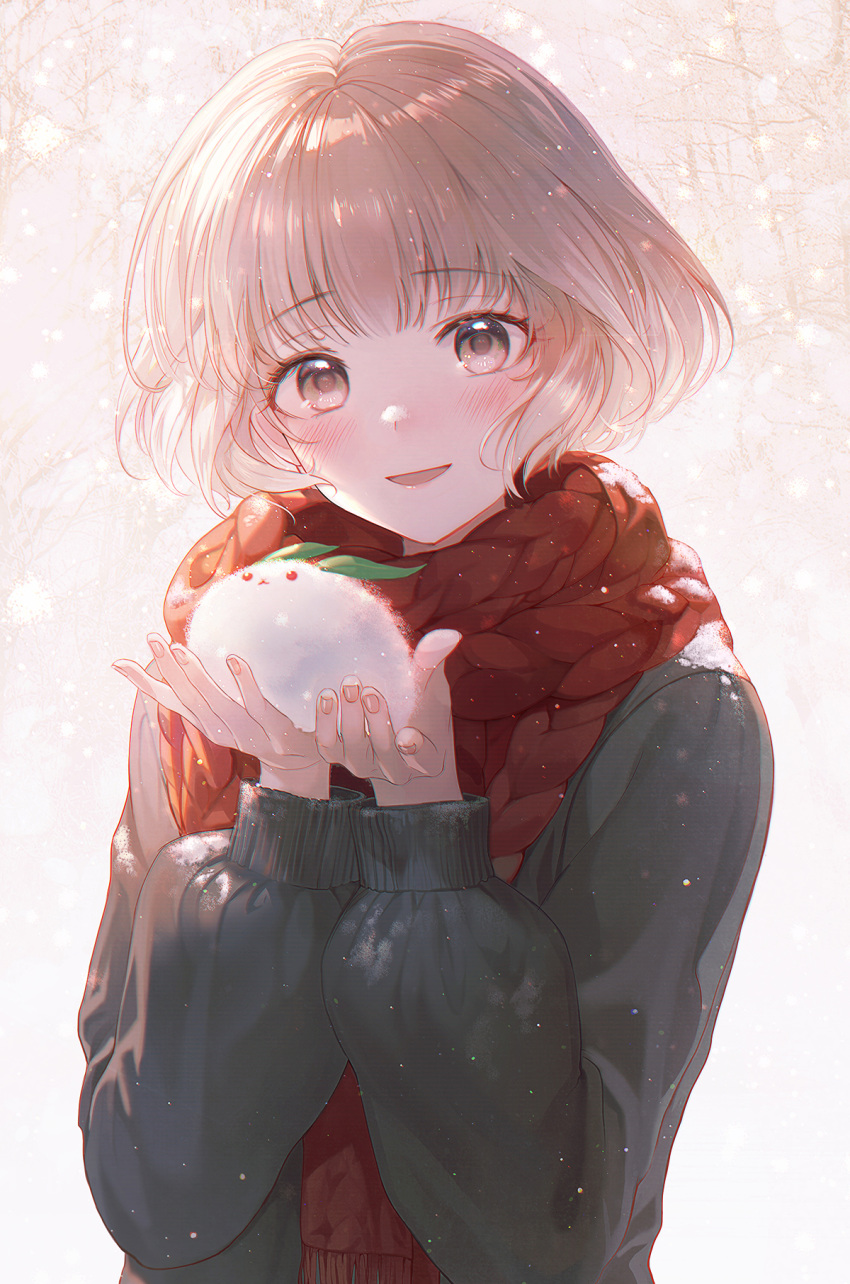 1girl, brown_eyes, cable_knit, daby, grey_sweater, highres, holding, open_mouth