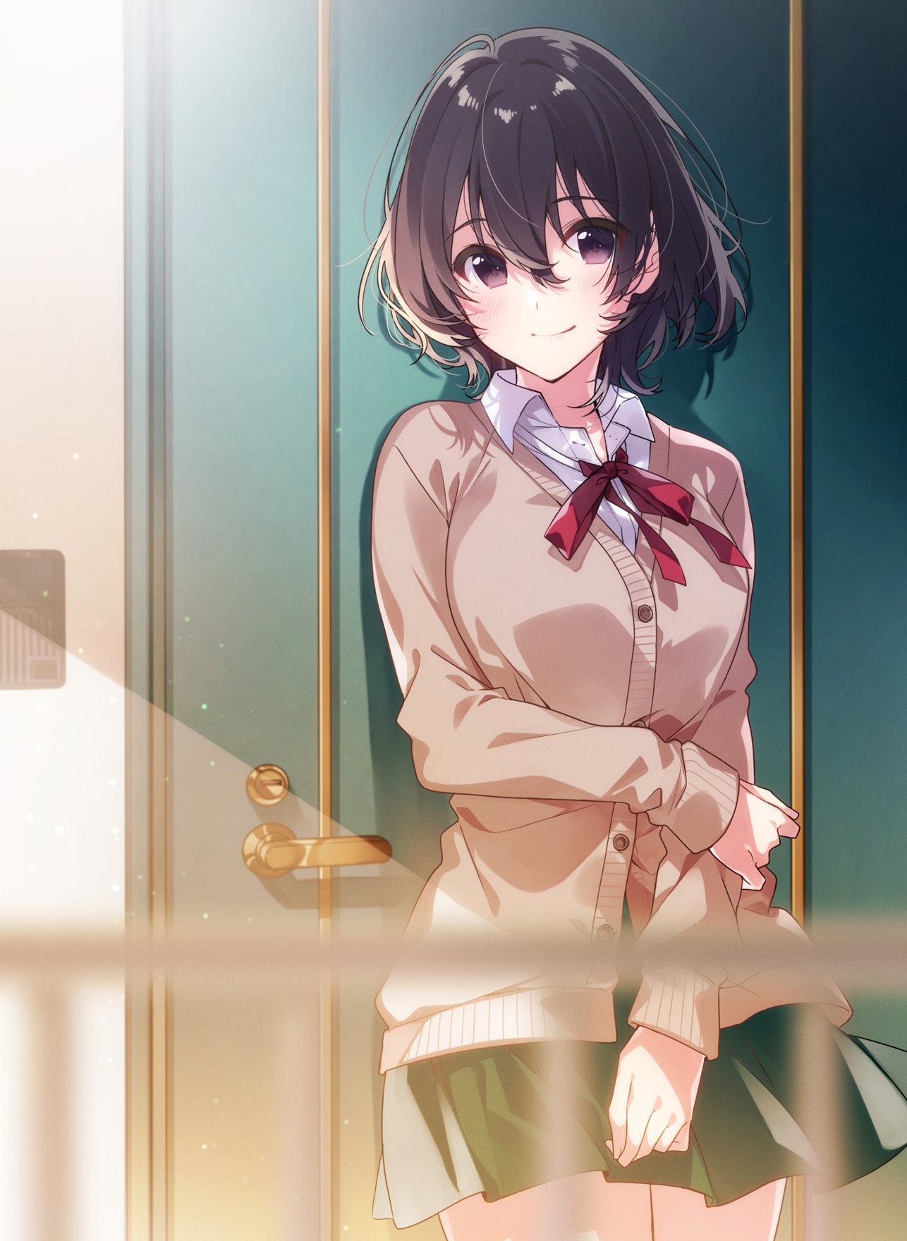 1girl, bangs, blurry_foreground, blush, breasts, brown_cardigan, brown_eyes, brown_hair, brown_sweater, cardigan, closed_mouth, cover_image, cowboy_shot, door, doorknob, eyebrows_visible_through_hair, fence, hair_between_eyes, highres, large_breasts, long_sleeves, looking_at_viewer, miniskirt, neck_ribbon, novel_illustration, official_art, otonari-san_to_hajimeru_setsuyaku_seikatsu., outdoors, red_neckwear, red_ribbon, ribbon, school_uniform, short_hair, skirt, smile, sweater, textless, u35, wing_collar