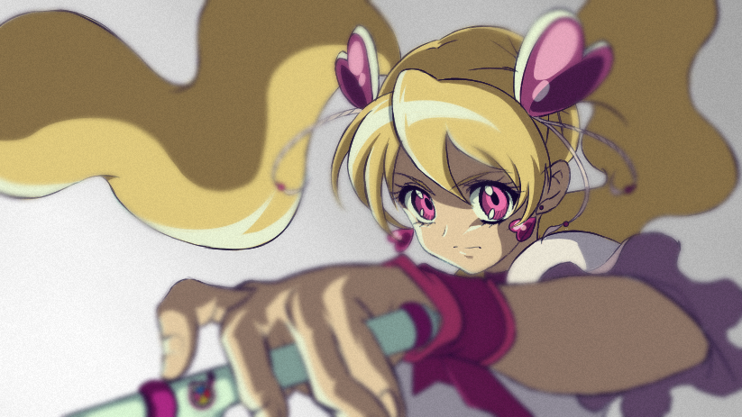 1girl, blonde_hair, choker, commentary, cure_erebos, cure_peach, earrings, floating_hair, foreshortening, fresh_precure!, gradient, gradient_background, grey_background, hair_ornament, heart, heart_earrings, heart_hair_ornament, jewelry, magical_girl, momozono_love, pink_choker, pink_eyes, precure, serious, shaded_face, solo, twintails, wand, wrist_cuffs