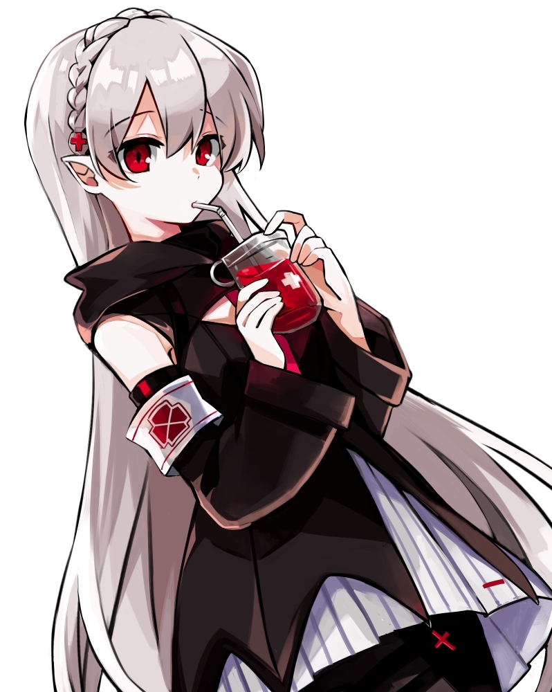 1girl, arknights, armband, bangs, black_jacket, black_legwear, blood, blood_bag, braid, dress, drinking, drinking_blood, hair_ornament, hood, hood_down, hooded_jacket, jacket, long_hair, looking_at_viewer, pointy_ears, red_cross, red_eyes, shion_(yuyu3113), silver_hair, simple_background, solo, vampire, warfarin_(arknights), white_background, white_dress