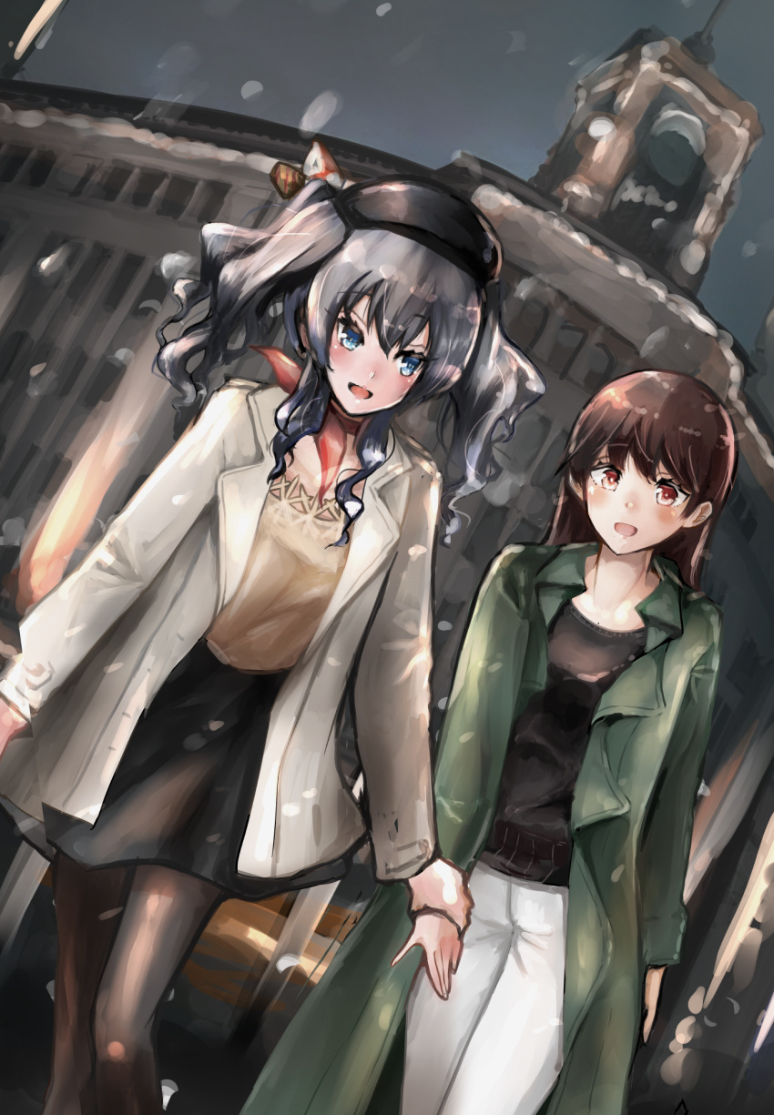 2girls, :d, alternate_costume, black_legwear, black_shirt, black_skirt, blouse, blue_eyes, brown_eyes, brown_hair, coat, dutch_angle, eyebrows_visible_through_hair, feet_out_of_frame, ginza_(tokyo), ginza_wako, green_coat, highres, holding_hands, kantai_collection, kashima_(kantai_collection), kazu_(really_in_hot_water_now), long_hair, looking_at_another, multiple_girls, night, official_alternate_costume, ooi_(kantai_collection), open_mouth, pants, pantyhose, red_eyes, red_neckwear, red_scarf, scarf, shirt, sidelocks, silver_hair, skirt, smile, snowing, twintails, wavy_hair, white_coat, white_pants, yellow_blouse