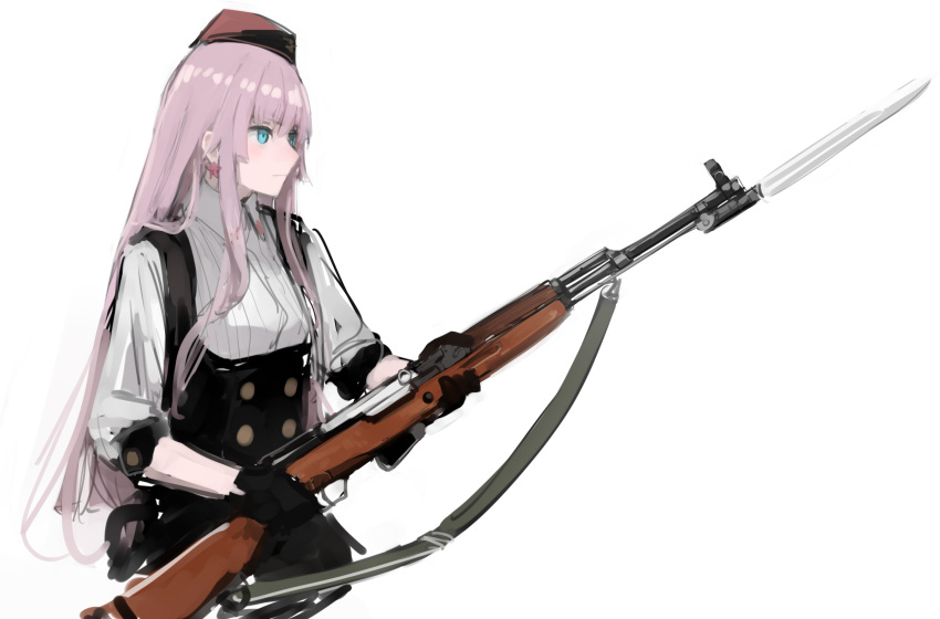 1girl, bangs, bayonet, beret, black_dress, black_gloves, blue_eyes, closed_mouth
