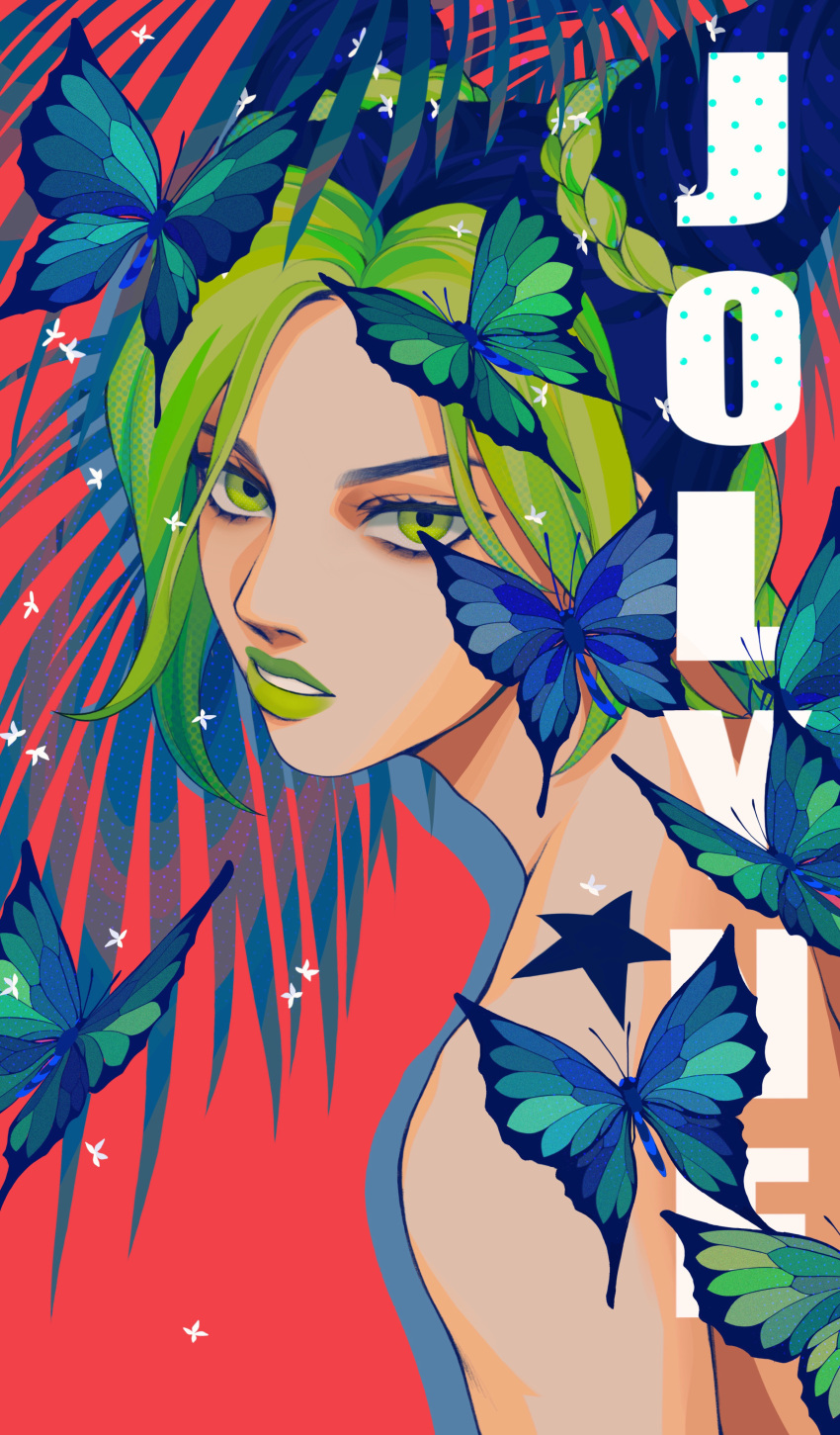 1girl, 7nite, absurdres, bare_shoulders, black_hair, blue_butterfly, braid, braided_bun, bug, butterfly, character_name, double_bun, green_butterfly, green_eyes, green_hair, green_lipstick, highres, insect, jojo_no_kimyou_na_bouken, kuujou_jolyne, lipstick, makeup, multicolored_hair, red_background, solo, stone_ocean, two-tone_hair, upper_body