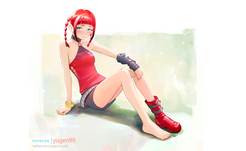 aqua_eyes, barefoot, braid, dress, jewelry, legs, red_skirt, redhead