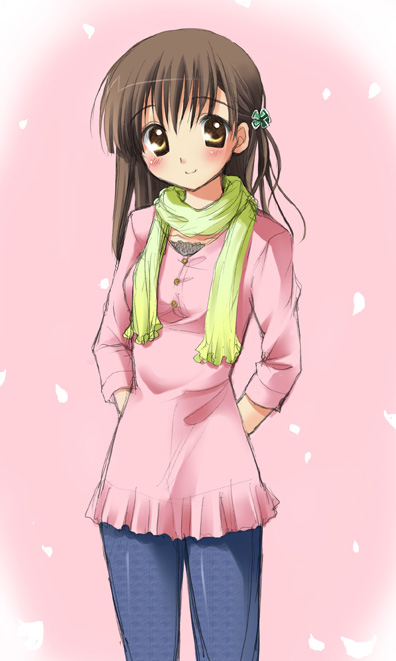 brown_hair, hair_ornament, jeans, koyuki_(2smj), koyuki_(artist), original, scarf, simple_background