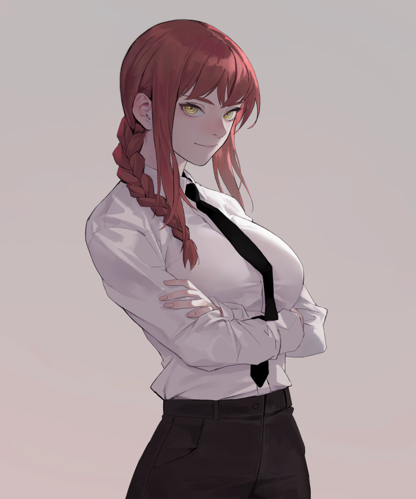 1girl, bangs, black_neckwear, black_pants, braid, braided_ponytail, breasts, business_suit