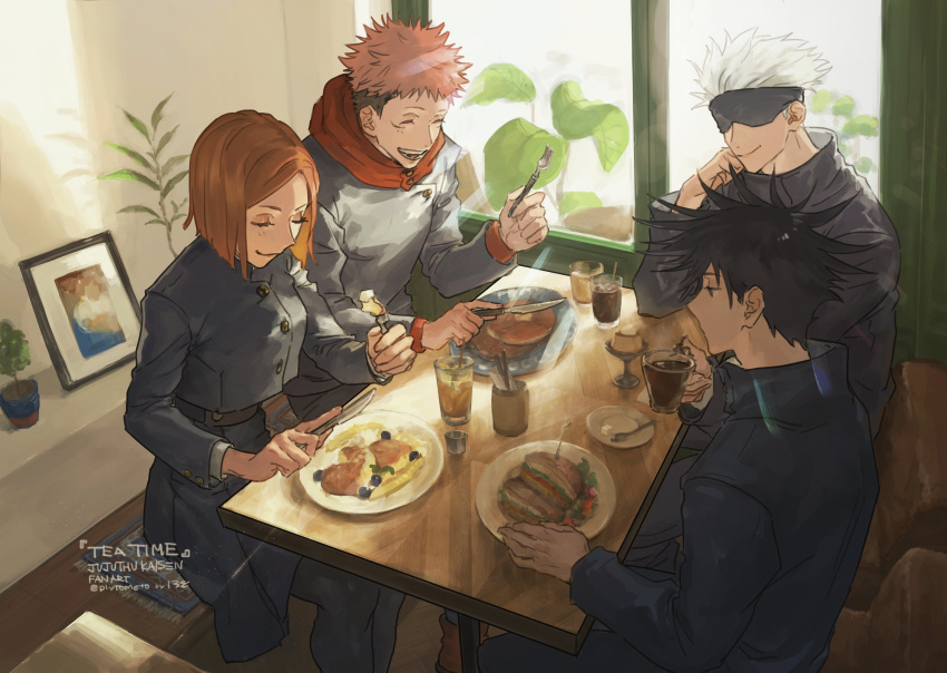 1girl, 3boys, :t, absurdres, black_hair, blindfold, brown_hair, chewing