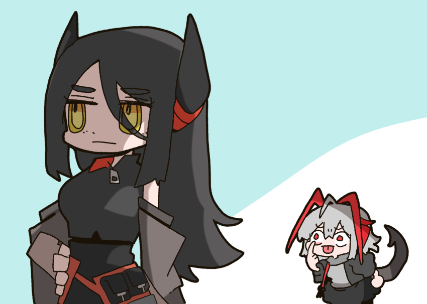 2girls, akanbe, antenna_hair, arknights, black_hair, chibi, commentary_request, demon_tail