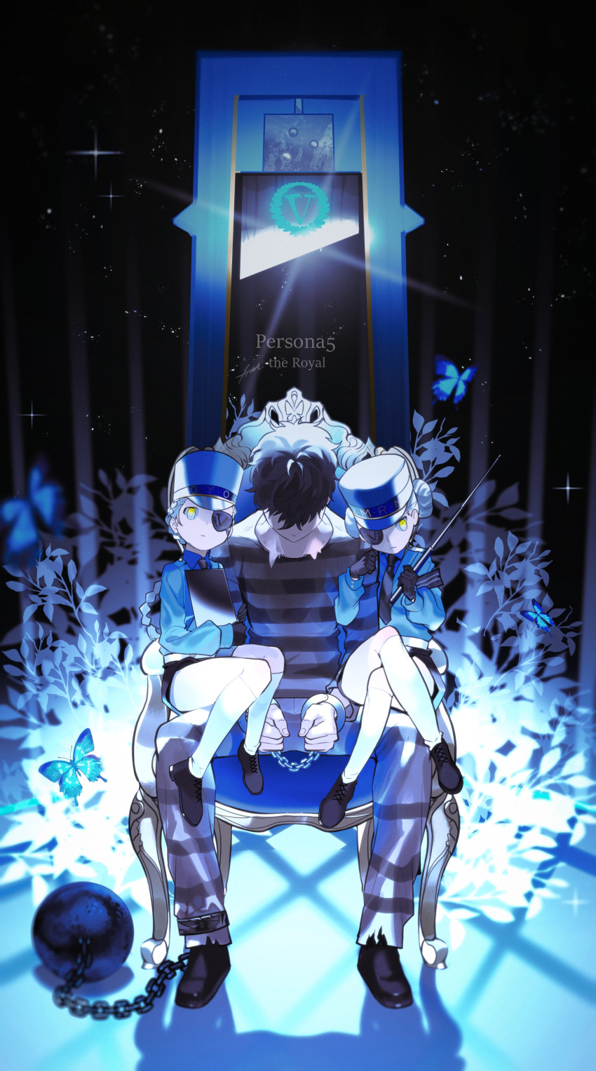 1boy, 2girls, absurdres, amamiya_ren, ball_and_chain, ball_and_chain_restraint, bangs, black_footwear