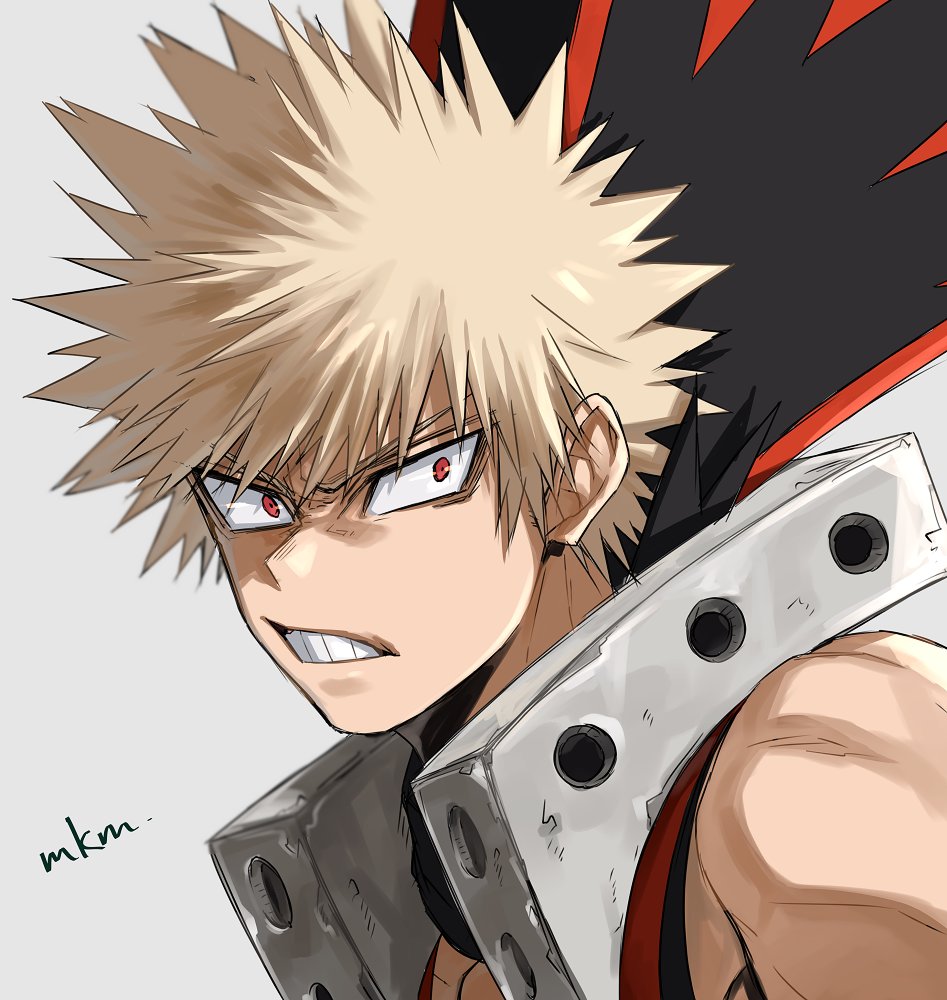 1boy, artist_name, bakugou_katsuki, bangs, bare_shoulders, blonde_hair, boku_no_hero_academia, clenched_teeth, close-up, commentary_request, face, from_side, grey_background, hair_ornament, looking_at_viewer, male_focus, mkm_(mkm_storage), muscle, red_eyes, short_hair, simple_background, solo, spiky_hair, teeth