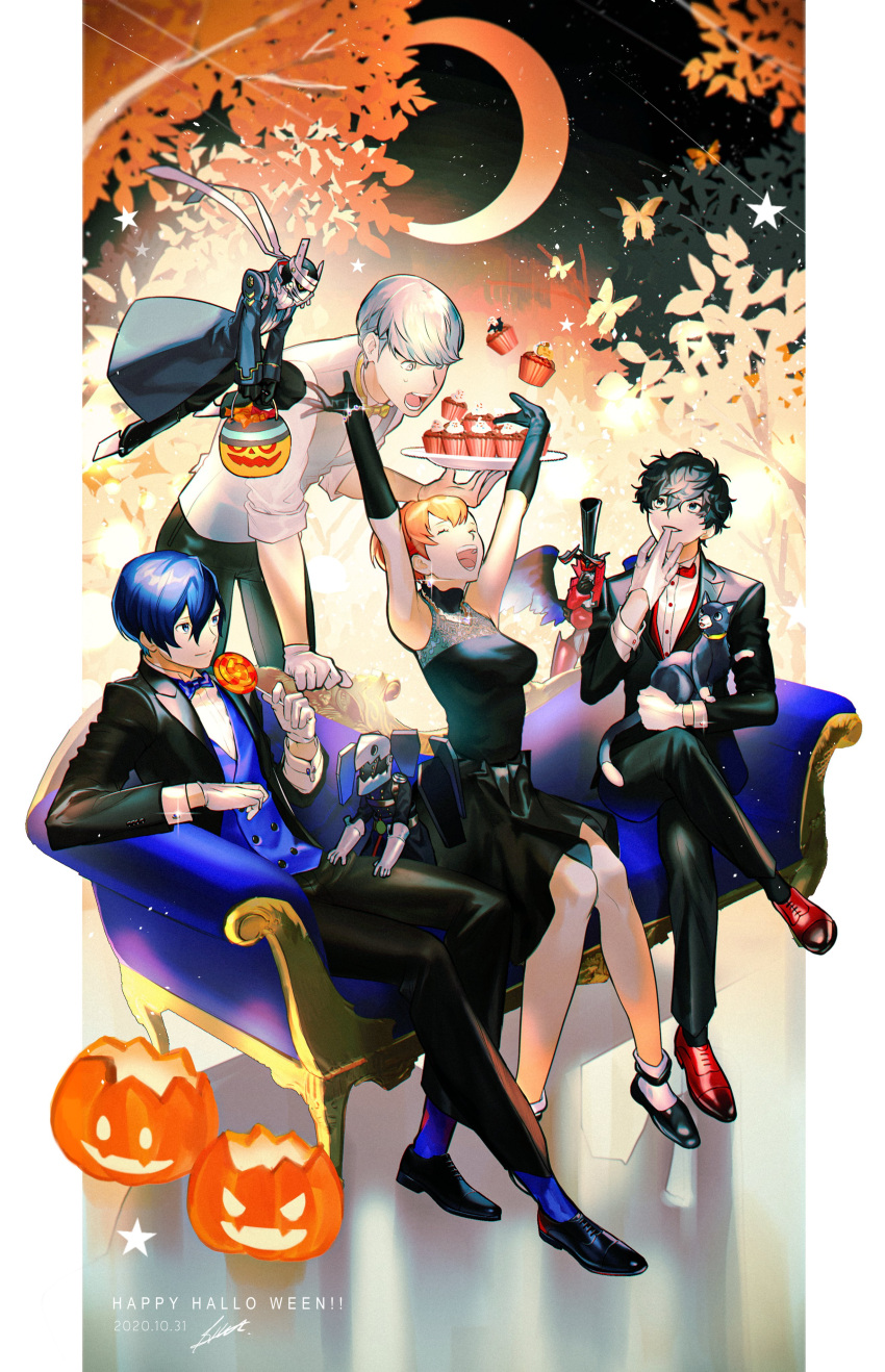 1girl, 3boys, absurdres, amamiya_ren, animal, arms_up, arsene_(persona_5), bangs, biting, black_cat, black_dress, black_footwear, black_hair, black_jacket, black_pants, blue_hair, bow, bowtie, bracelet, brown_hair, btmr_game, bug, butterfly, candy, cat, closed_eyes, couch, crescent_moon, crossed_legs, cupcake, dated, dress, earrings, elbow_gloves, food, formal, glove_biting, gloves, hair_between_eyes, halloween, halloween_bucket, happy_halloween, highres, holding, insect, izanagi_(persona_4), jack-o'-lantern, jacket, jewelry, lollipop, long_sleeves, moon, morgana_(persona_5), multiple_boys, narukami_yuu, necklace, orpheus_(persona), pants, persona, persona_3, persona_3_portable, persona_4, persona_5, plate, ponytail, shiomi_kotone, signature, silver_hair, sitting, sleeveless, sleeveless_dress, sparkle, star_(symbol), suit, sweat, white_gloves, yuuki_makoto