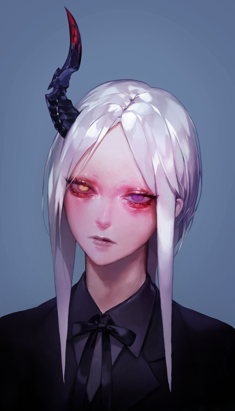 androgynous, black_suit, blue_background, heterochromia, horns, long_hair, looking_at_viewer, ohayosayonara