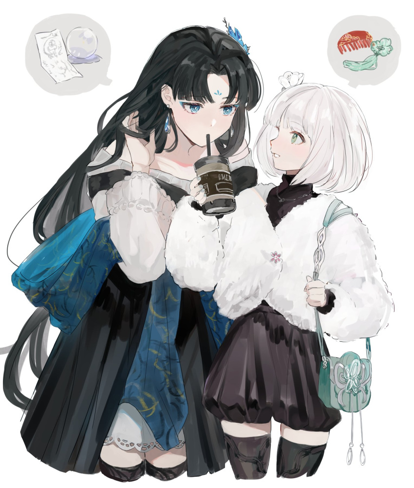 2girls, bag, black_hair, blue_eyes, character_request, copyright_request, cup, disposable_cup, drinking, earrings, flower, green_eyes, hair_flower, hair_ornament, highres, hime_cut, jewelry, long_hair, long_sleeves, multiple_girls, rrrr_222, short_hair, simple_background, standing, tagme, white_background, white_hair