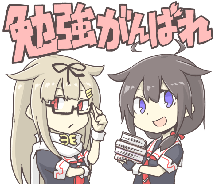 2girls, ahoge, akara_kai, bespectacled, black-framed_eyewear, black_gloves, black_hair, black_ribbon