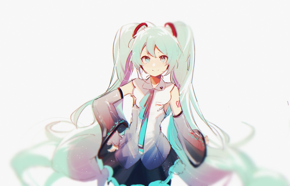 1girl, aqua_eyes, aqua_hair, aqua_neckwear, bare_shoulders, black_skirt, commentary, cowboy_shot, detached_sleeves, hair_ornament, hand_on_hip, hatsune_miku, hatsune_miku_(nt), headphones, kurotero, long_hair, looking_at_viewer, miniskirt, neck_ribbon, piapro, pleated_skirt, ribbon, see-through_sleeves, shirt, shoulder_tattoo, skirt, sleeveless, sleeveless_shirt, smile, solo, tattoo, twintails, very_long_hair, vocaloid, white_background, white_shirt, white_sleeves