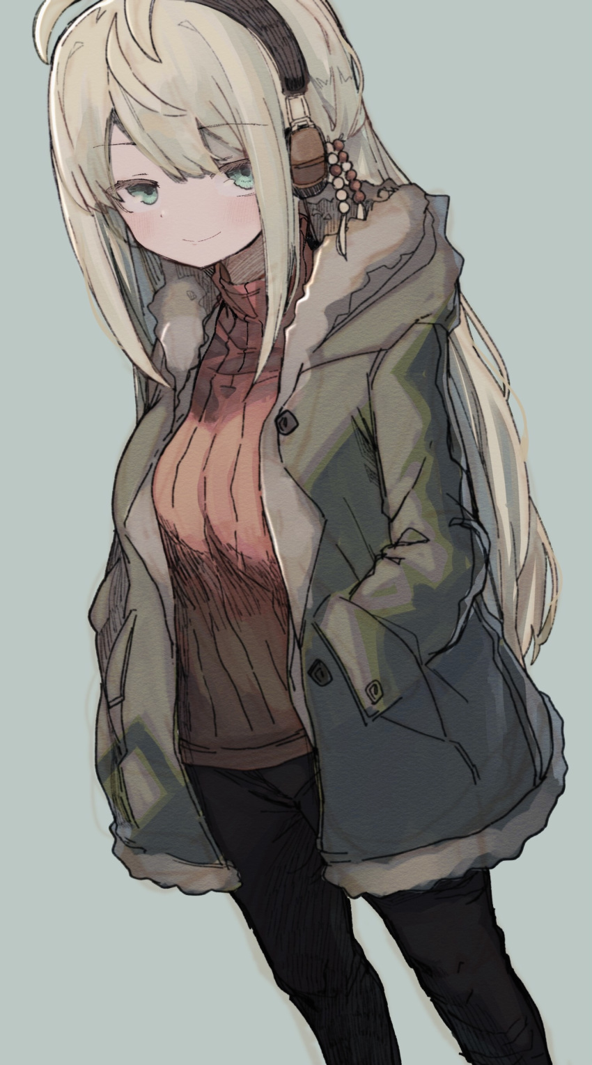 1girl, absurdres, antenna_hair, beads, black_pants, blonde_hair, coat, cowboy_shot, fur-trimmed_coat, fur_trim, green_coat, green_eyes, hair_beads, hair_ornament, hands_in_pockets, headphones, highres, light_smile, looking_at_viewer, pants, red_sweater, ribbed_sweater, siwasunohige, solo, sweater, tsurumaki_maki, turtleneck, turtleneck_sweater, voiceroid