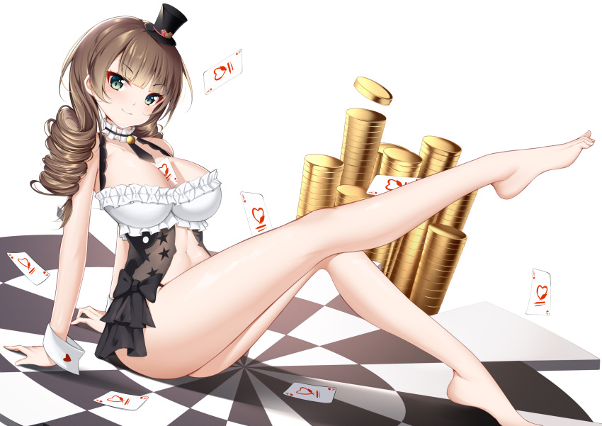 1girl, absurdres, ass, azur_lane, barefoot, between_breasts, breasts, brown_hair