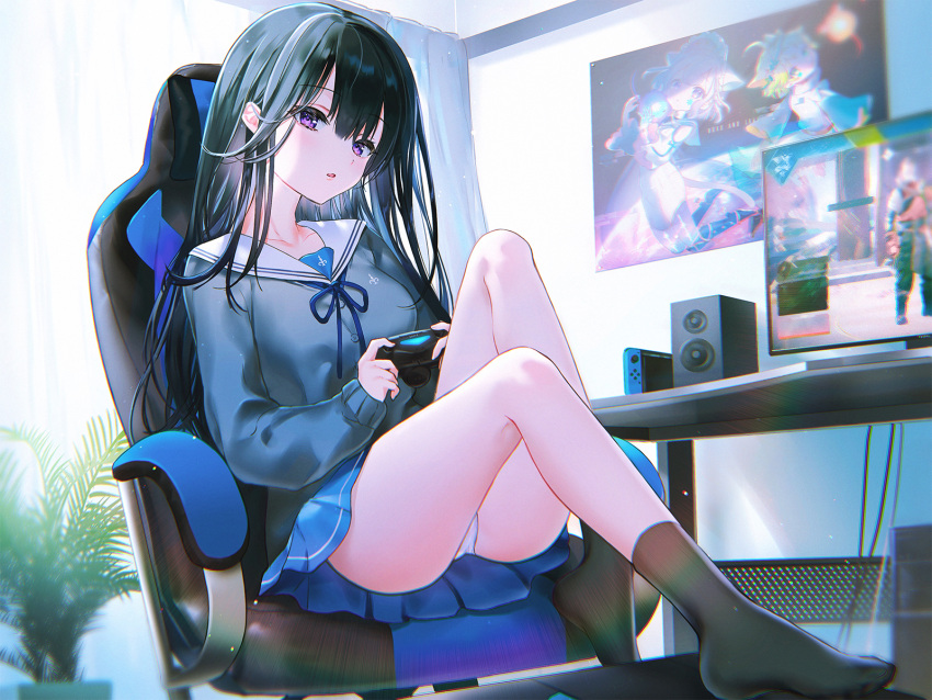 1girl, ass, bangs, black_hair, black_legwear, black_shirt, blue_skirt, chair, controller, curtains, desk, eyebrows_visible_through_hair, fern, game_controller, highres, holding, holding_controller, long_hair, monitor, nekoremon, non-web_source, original, panties, pantyshot, parted_lips, plant, pleated_skirt, poster_(object), potted_plant, sailor_collar, school_uniform, serafuku, shirt, sidelocks, sitting, skirt, socks, solo, speaker, thighs, underwear, video_game, violet_eyes, white_panties, white_sailor_collar, window, wire