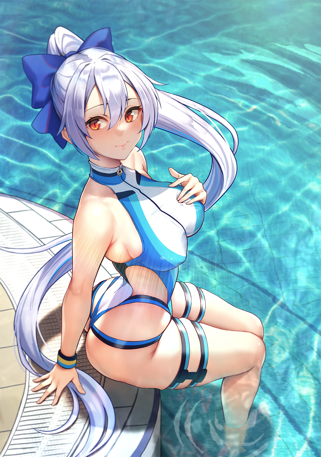 1girl, ass, bangs, blue_bow, blue_swimsuit, bow, breasts, fate/grand_order