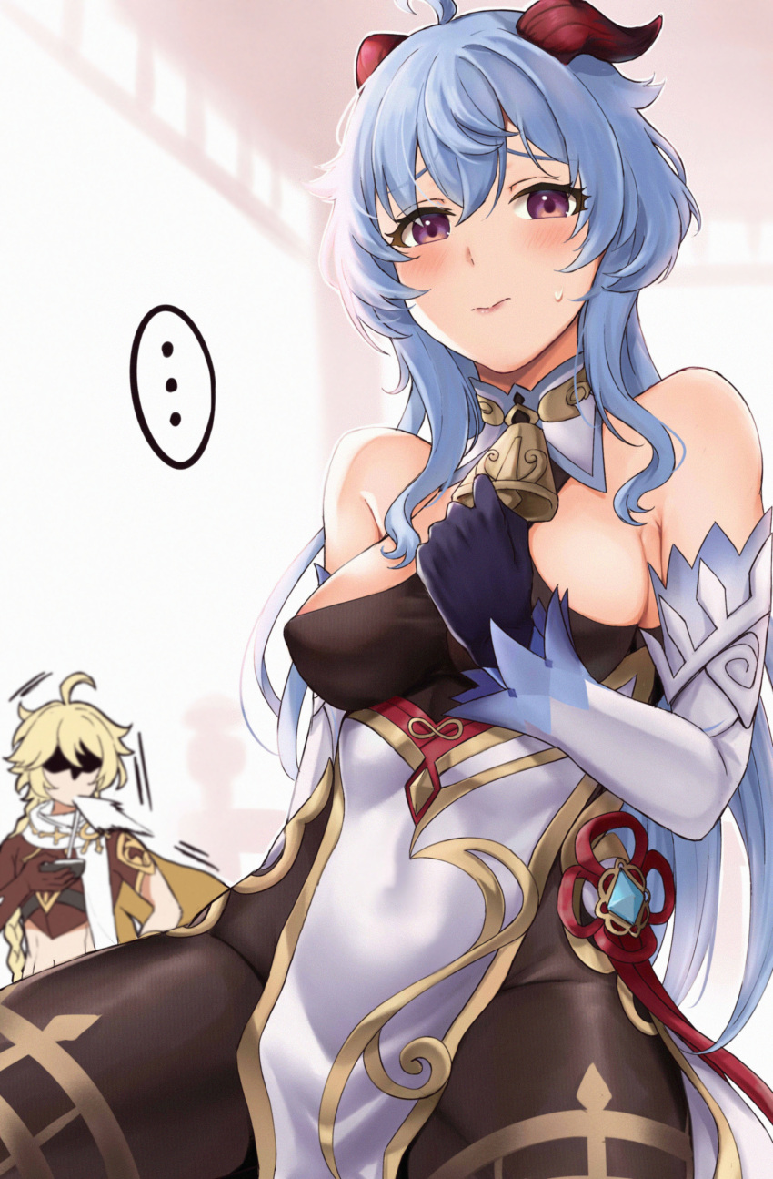 ..., 1boy, 1girl, absurdres, aether_(genshin_impact), ahoge, bare_shoulders, bell, black_bodysuit, blonde_hair, blue_hair, blush, bodysuit, bodysuit_aside, breasts, covered_nipples, cowbell, detached_sleeves, ganyu_(genshin_impact), genshin_impact, gloves, goat_horns, hand_on_own_chest, heart, highres, horns, long_sleeves, looking_at_viewer, maumaou, medium_breasts, pelvic_curtain, shaded_face, sideboob, spitting, surprised, sweatdrop, thought_bubble, violet_eyes