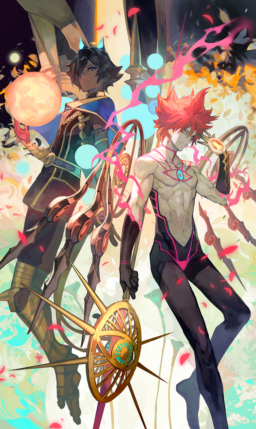 2boys, arjuna_alter, back-to-back, black_eyes, black_hair, body_markings, colored_skin, dark_skin, dark_skinned_male, energy_ball, fate/grand_order, fate_(series), fire, heterochromia, highres, karna_(fate), lack, male_focus, multiple_boys, red_eyes, redhead, super_karna, vasavi_shakti, white_skin, yellow_eyes