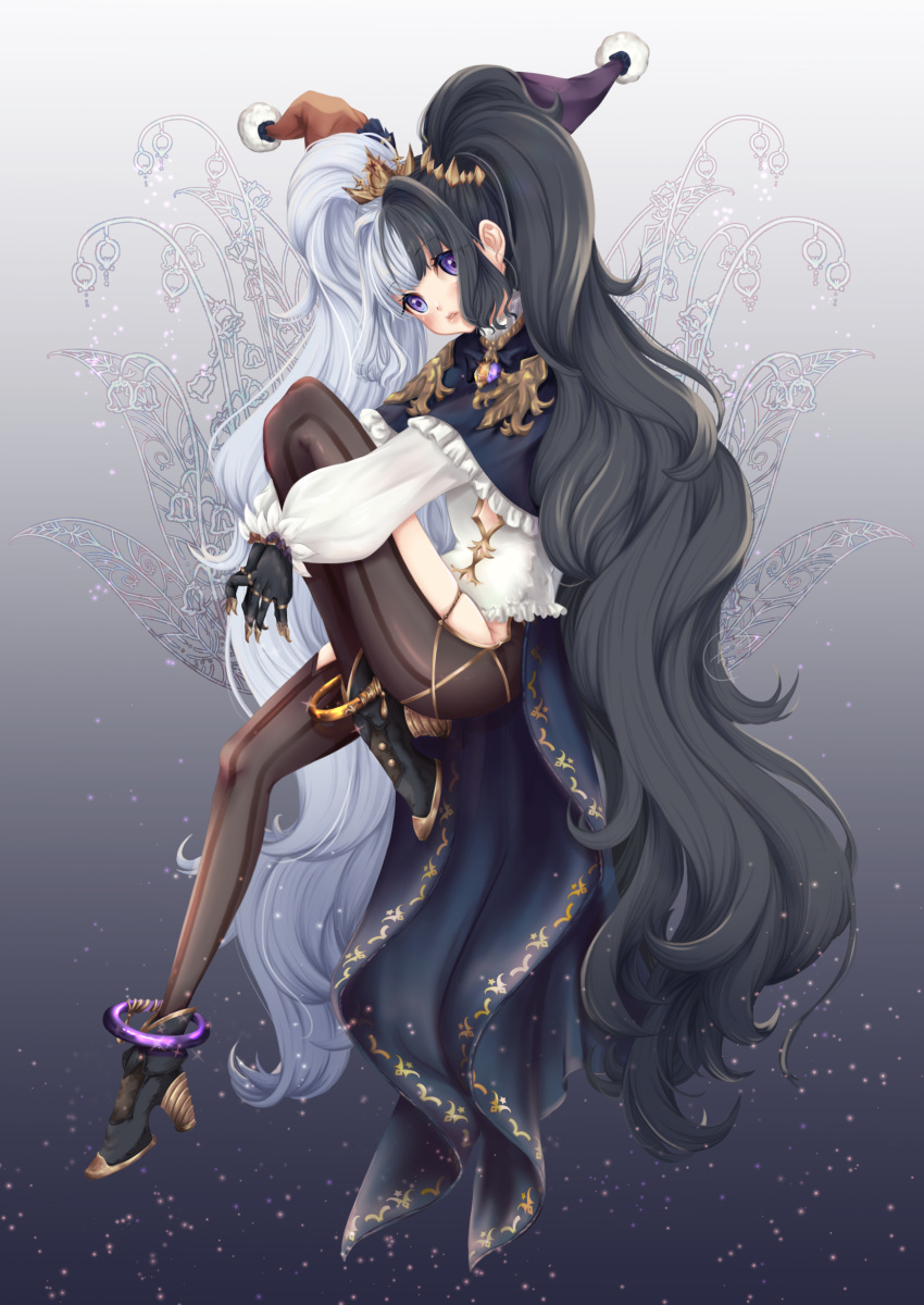 1girl, absurdres, anklet, black_gloves, black_hair, brown_dust, brown_legwear, chaa_art, crown, full_body, gem, gloves, gradient, gradient_background, high_heels, highres, jewelry, leg_hug, long_hair, long_sleeves, looking_at_viewer, multicolored_hair, pantyhose, sidelocks, silver_hair, simple_background, solo, twintails, two-tone_hair, very_long_hair, violet_eyes