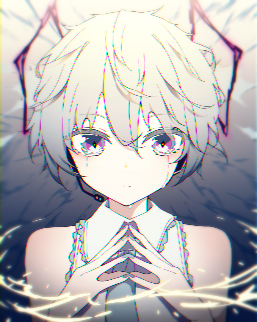 1girl, aqua_hair, aqua_nails, aqua_neckwear, bare_shoulders, commentary, crying, crying_with_eyes_open