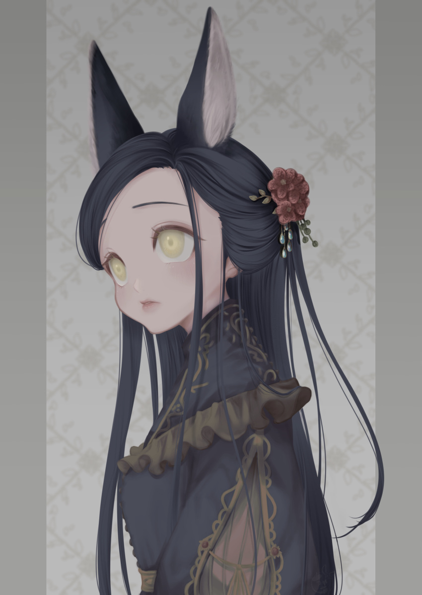 1girl, absurdres, animal_ears, chaa_art, flower, grey_background, hair_flower, hair_ornament, highres, honzuki_no_gekokujou, long_hair, maine_(honzuki_no_gekokujou), simple_background, solo, upper_body, yellow_eyes