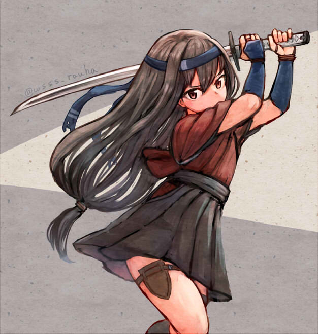 1girl, alternate_costume, asymmetrical_legwear, black_hair, black_hakama, black_legwear, commentary_request, cowboy_shot