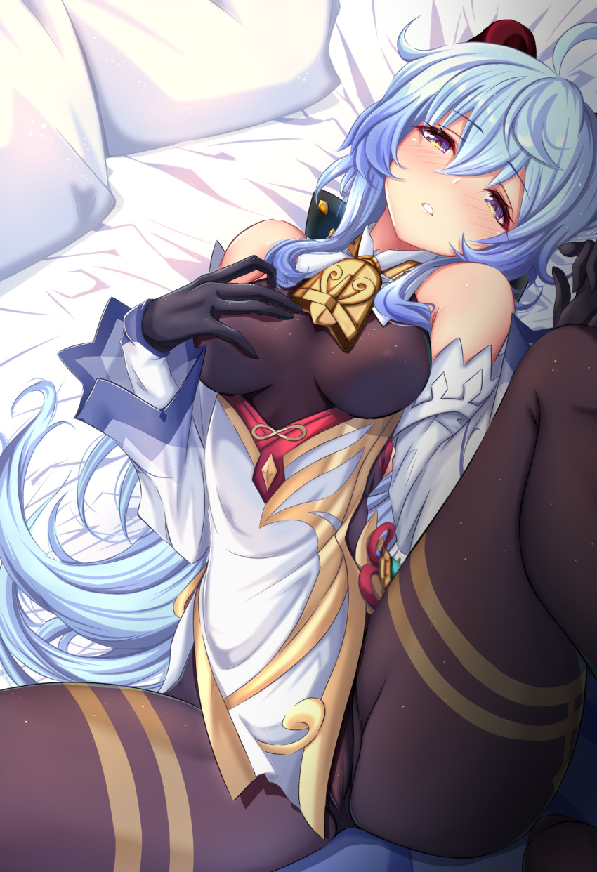 1girl, asahiru_ban, bare_shoulders, bed_sheet, bell, blue_eyes, blue_hair, blush, bodysuit, breasts, cowbell, detached_sleeves, ganyu_(genshin_impact), genshin_impact, gloves, goat_horns, half-closed_eyes, hand_on_own_chest, highres, horns, leotard, looking_at_viewer, lying, medium_breasts, on_back, spread_legs