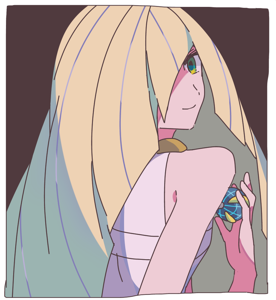 1girl, bangs, bare_shoulders, beast_ball, blonde_hair, brown_background, dress, green_eyes